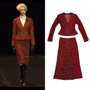 OLIVIER THEYSKENS 2001 Vintage Runway Red Orange Boucle Skirt Set